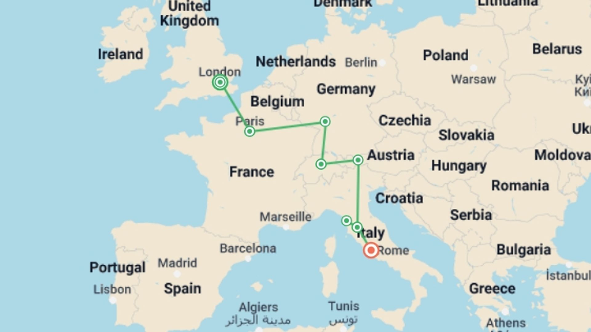 A map showing the tour itinerary for the trip: Best of Western Europe, starting in London, England and ending in Rome, Italy going through 5 other destinations.