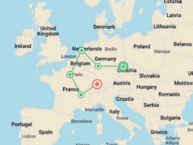 Map of Europe Tour with 6 destination visits for the trip: Secrets in White and Green GO