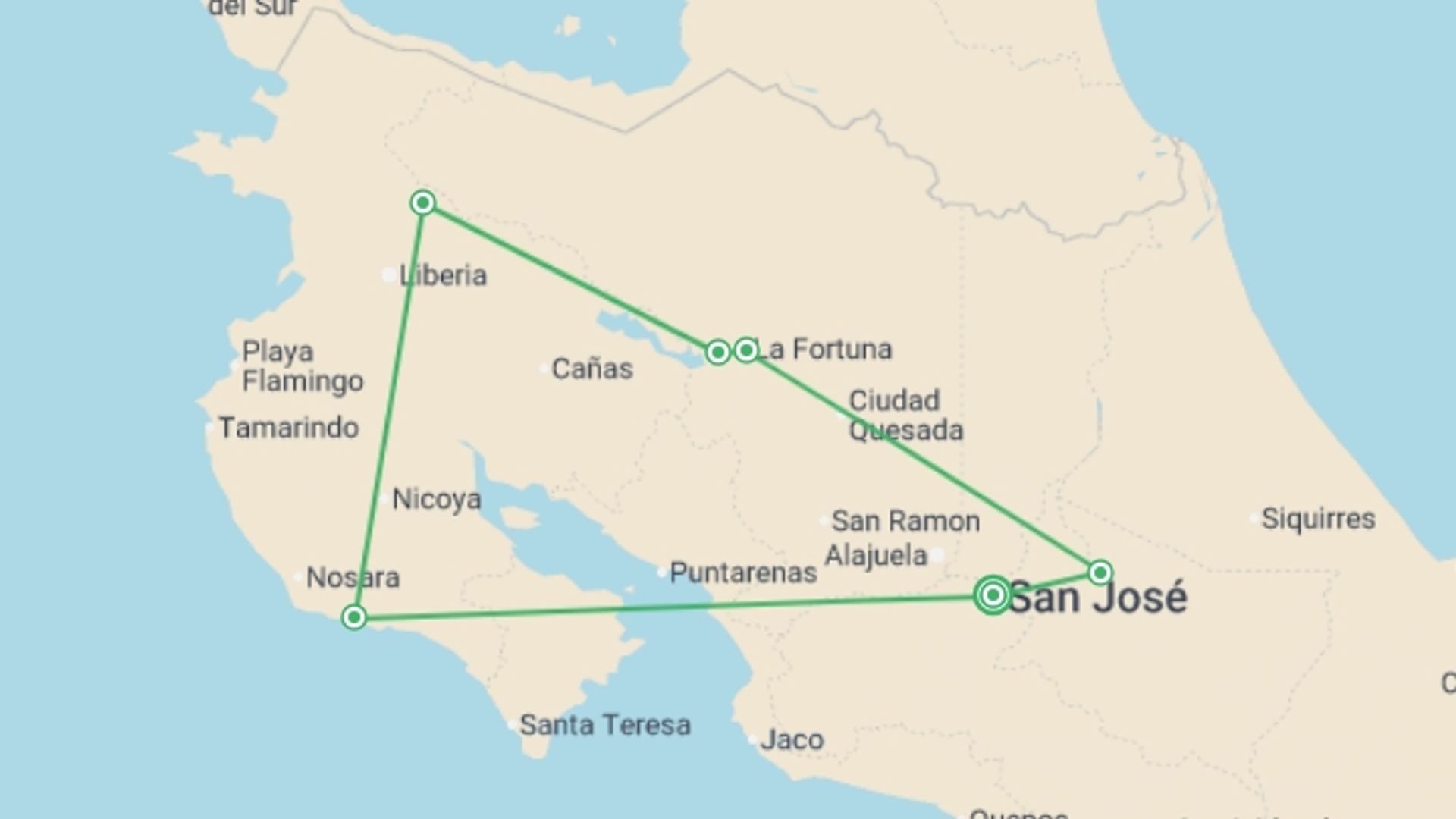 A map showing the tour itinerary for the trip: Costa Rica Adventure & Beach - 11 Days, starting in San Jose, Costa Rica and ending in San Jose, Costa Rica going through 5 other destinations.