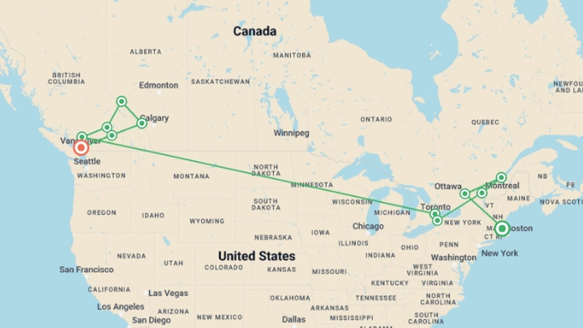 A map showing the tour itinerary for the trip: Ultimate Canada, starting in Boston, USA and ending in Vancouver, Canada going through 11 other destinations.