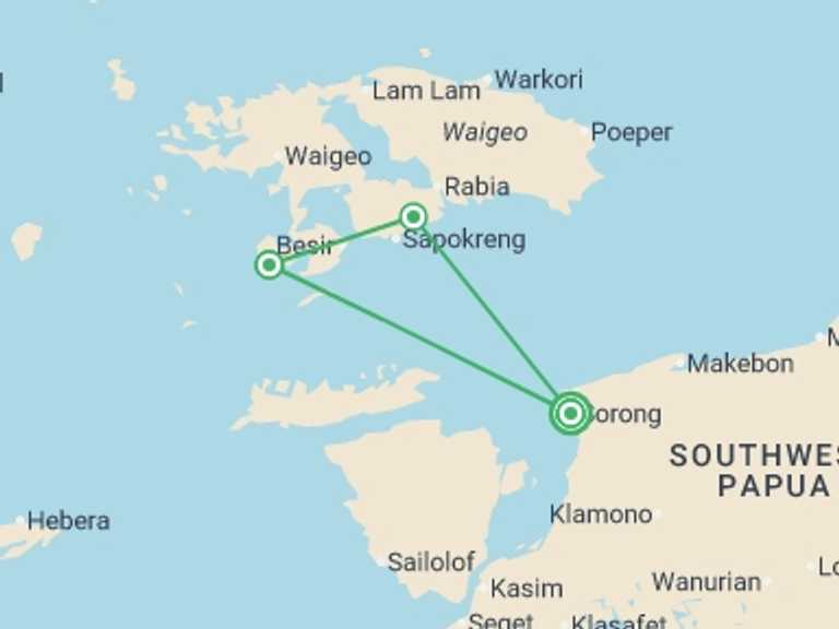 Map itinerary of Indonesia Tour in December 2026 with 3 destination visits for the trip: Indonesia Sailing Adventure: Raja Ampat