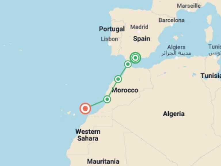 Map of Tangier Tour with 5 destination visits for the trip: Magnificent Mudéjar Art
From the Andalusian Flatlands to Morocco's Imperial Cities (port-to-port package)