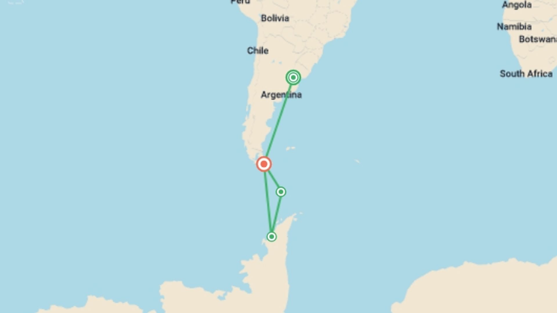 A map showing the tour itinerary for the trip: Crossing the Circle: Southern Expedition, starting in Buenos Aires, Argentina and ending in Ushuaia, Argentina going through 3 other destinations.