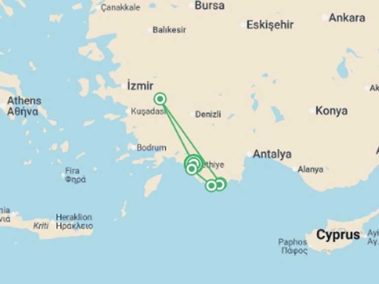Map itinerary of Mediterranean Tour in August 2026 with 6 destination visits for the trip: Cruise Turkey - 8 days