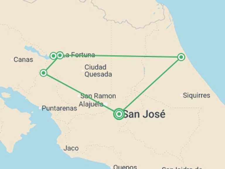 Map of a Skiing and Snowboarding Tour with 4 destination visits for the trip: Costa Rica Highlights Adventure 8D/7N