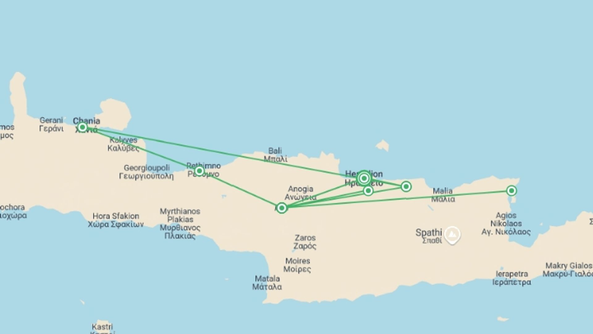 A map showing the tour itinerary for the trip: Exploring Crete, German-speaking Guide, starting in Heraklion, Greece and ending in Heraklion, Greece going through 2 other destinations.
