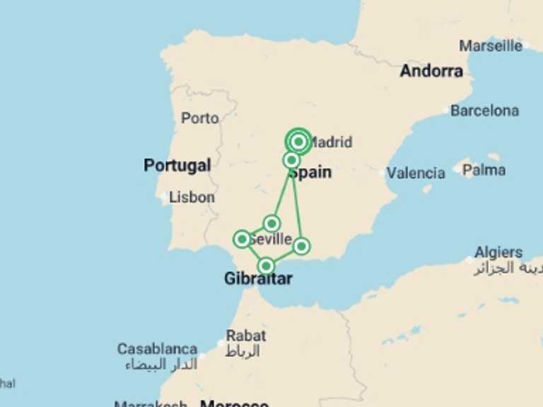 Map of 9-Day Madrid Tour with 5 destination visits for the trip: Cordoba, Seville & Costa del Sol Superior - 9 days