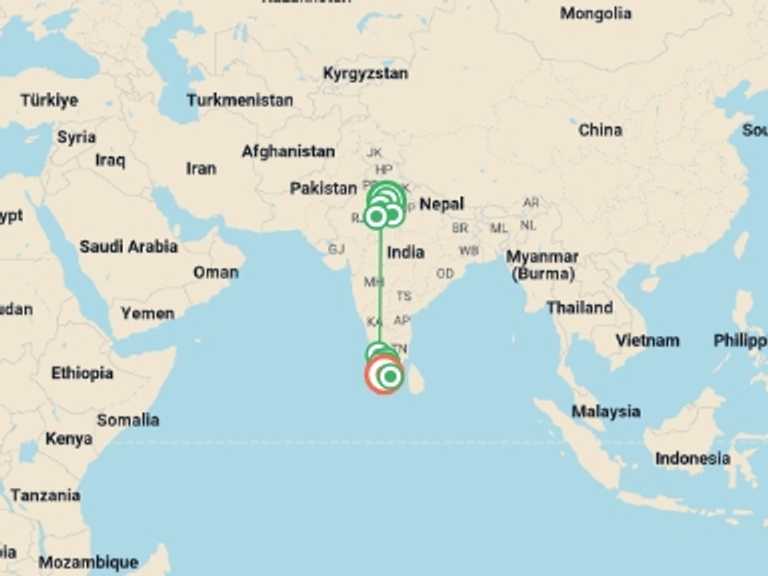 Map of Jaipur Tour with 11 destination visits for the trip: India's North & South - Premium Adventure