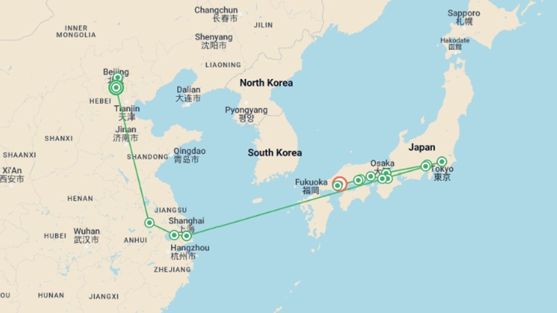 A map showing the tour itinerary for the trip: Wonders of China and Japan, starting in Beijing, China and ending in Hiroshima, Japan going through 7 other destinations.