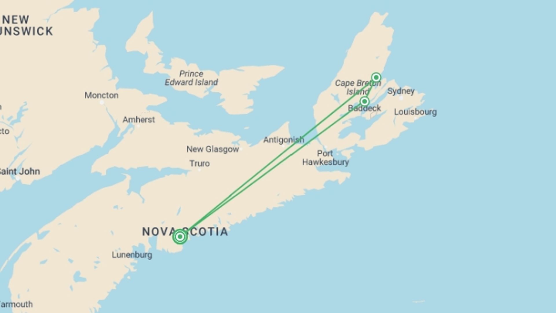 A map showing the tour itinerary for the trip: Discover Nova Scotia, starting in Halifax, Canada and ending in Halifax, Canada going through 2 other destinations.