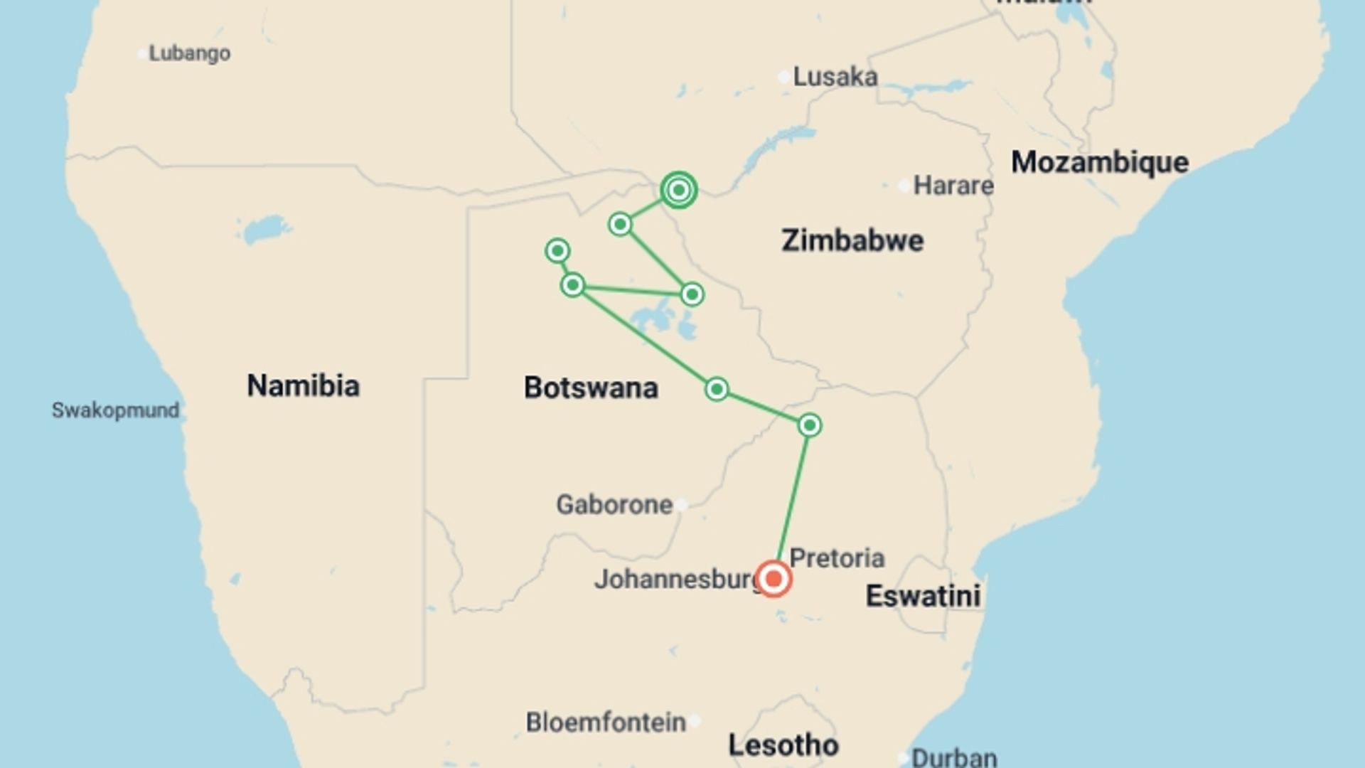 A map showing the tour itinerary for the trip: Botswana Family Safari with Teenagers, starting in Victoria Falls, Zimbabwe and ending in Johannesburg, South Africa going through 6 other destinations.