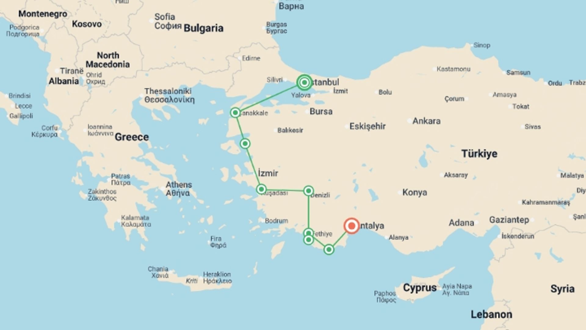 A map showing the tour itinerary for the trip: Essential Turkey, starting in Istanbul, Turkey and ending in Antalya, Turkey going through 7 other destinations.