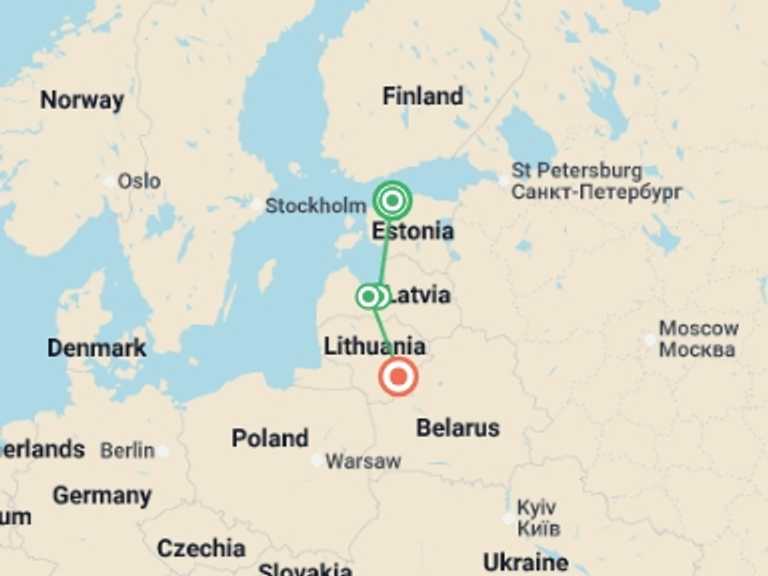 Map itinerary of Vilnius Tour in August 2026 with 4 destination visits for the trip: Baltic Highlights - Premium Adventure