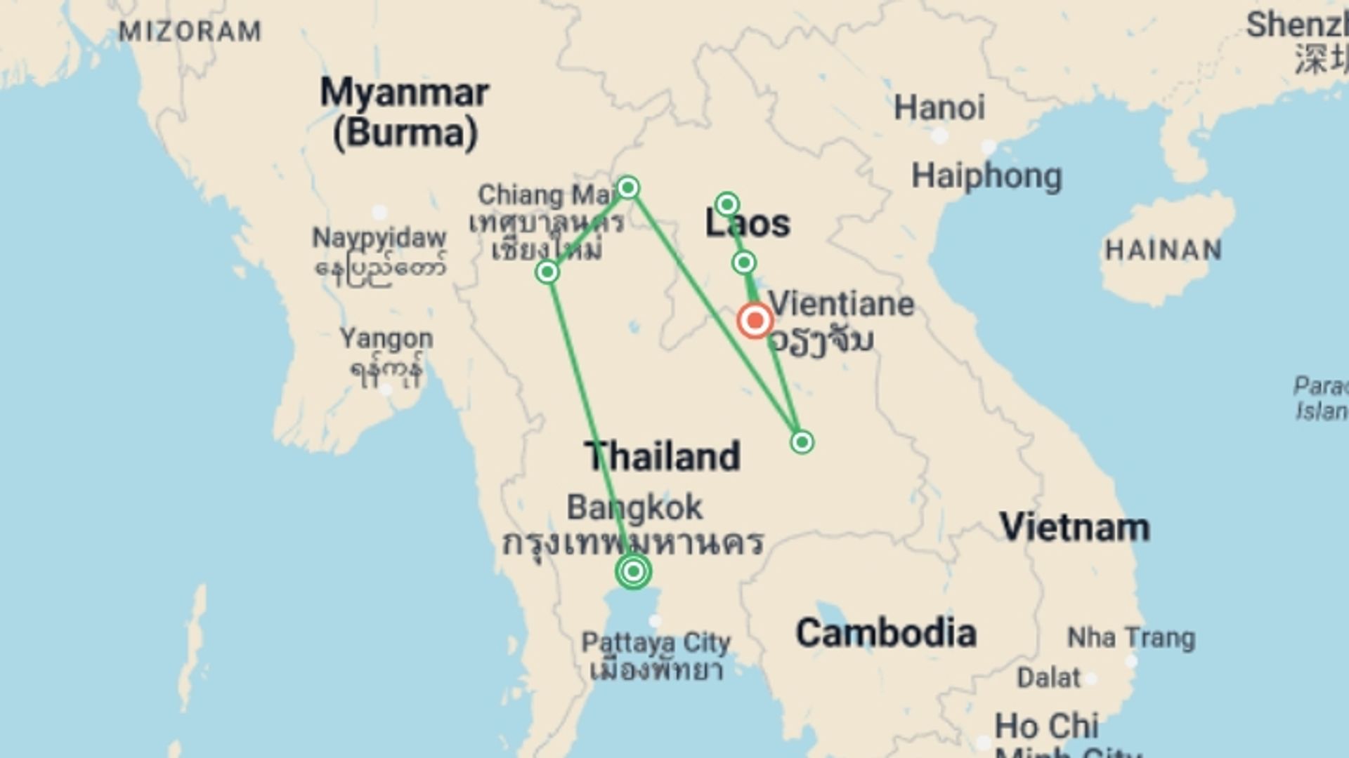 A map showing the tour itinerary for the trip: Thailand & Laos Adventure, starting in Bangkok, Thailand and ending in Vientiane, Laos going through 5 other destinations.