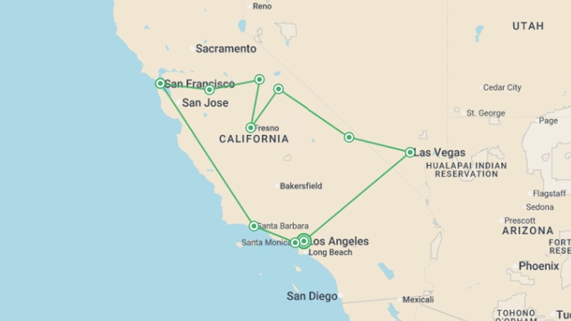 A map showing the tour itinerary for the trip: Los Angeles, Mojave & Yosemite - 8 days, starting in Los Angeles, USA and ending in Los Angeles, USA going through 4 other destinations.