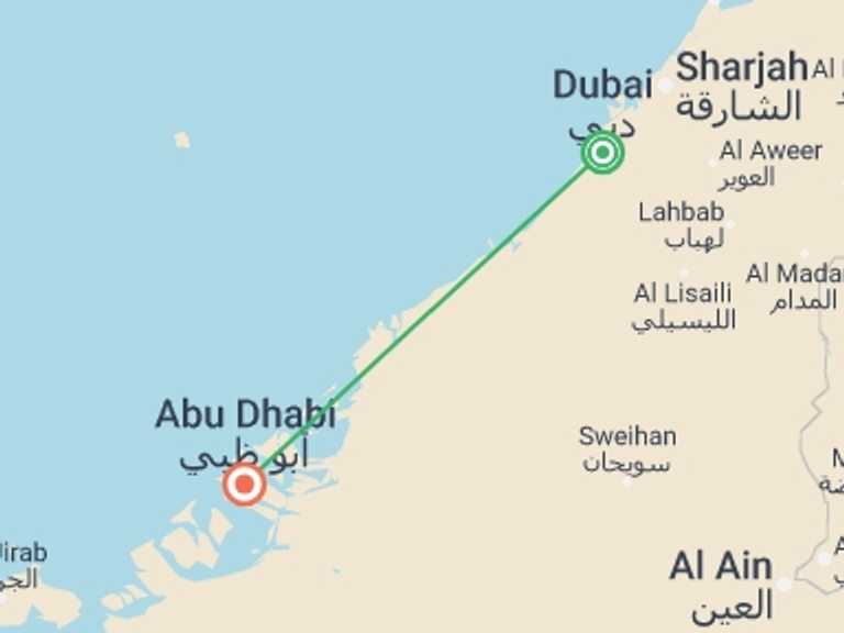 Map itinerary of Dubai Tour in December 2025 with 2 destination visits for the trip: Amazing Dubai and Abu Dhabi