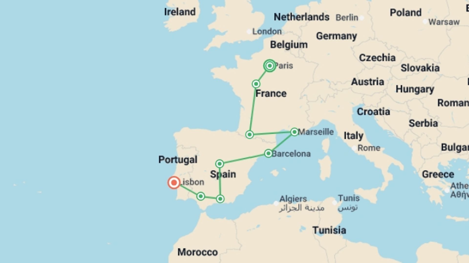 A map showing the tour itinerary for the trip: Paris, Lourdes, Côte d'Azur, Provence with Spain and Lisbon, starting in Paris, France and ending in Lisbon, Portugal going through 7 other destinations.