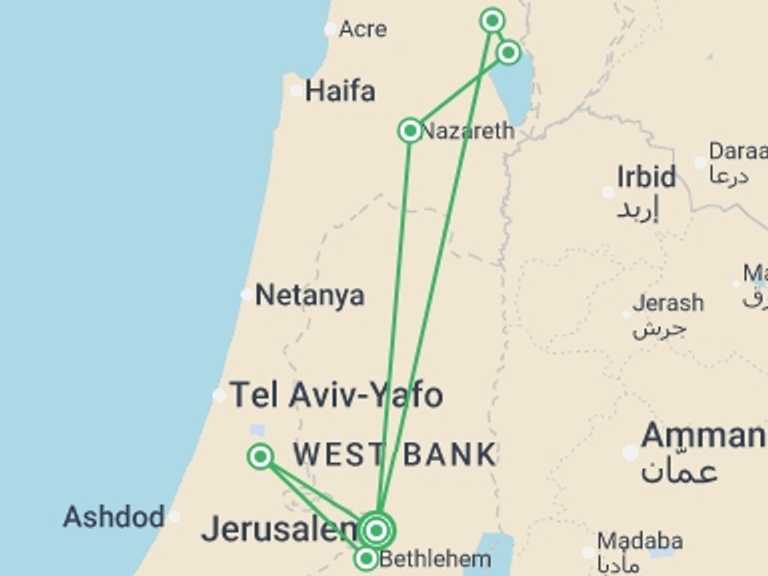 Map itinerary of Middle East Tour in February 2027 with 2 destination visits for the trip: Christian Israel Tour Package, 4 Days From Tel Aviv