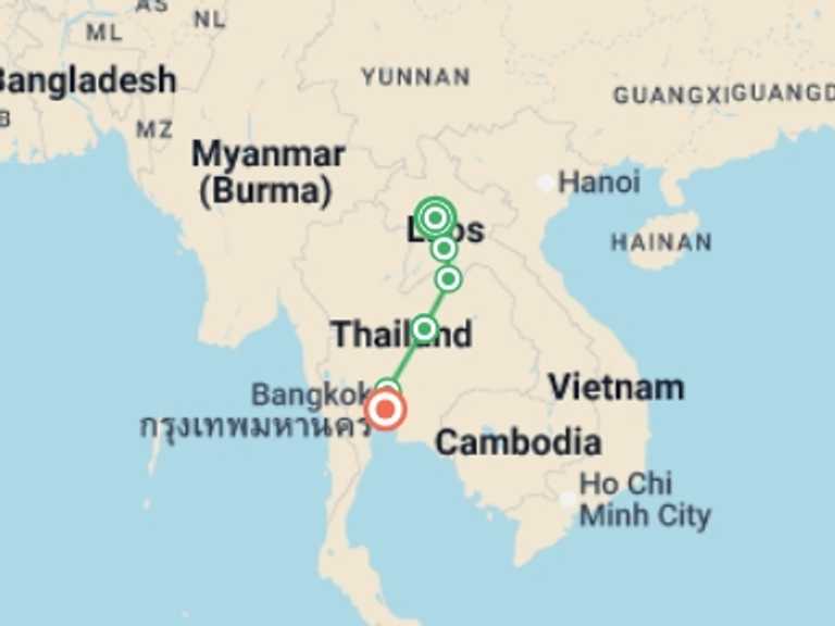 Map of Asia Tour with 6 destination visits for the trip: North Laos & Thailand Explorer - 13 days