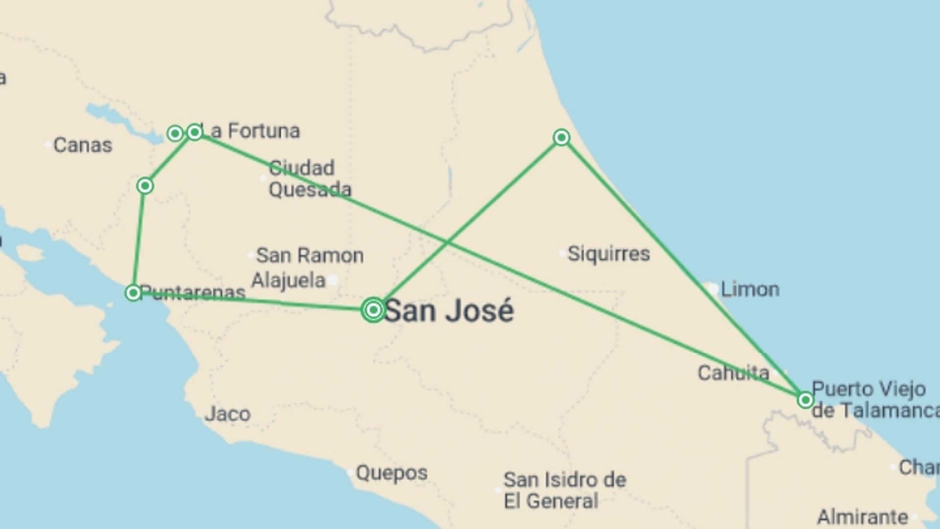 A map showing the tour itinerary for the trip: Full Costa Rica Explorer 14D/13N, starting in San Jose, Costa Rica and ending in San Jose, Costa Rica going through 5 other destinations.