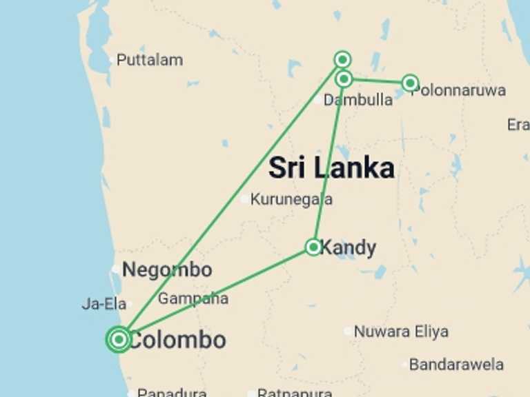 Map of Asia Tour with 3 destination visits for the trip: Splendors Of Sri Lanka, Private Tour