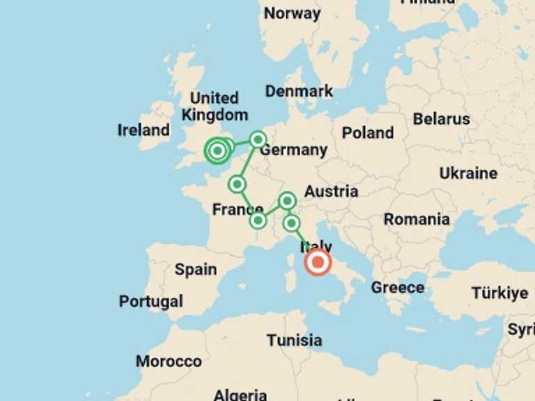 Map itinerary of London Tour in July 2026 with 8 destination visits for the trip: Trekking Through the Continent with Rome