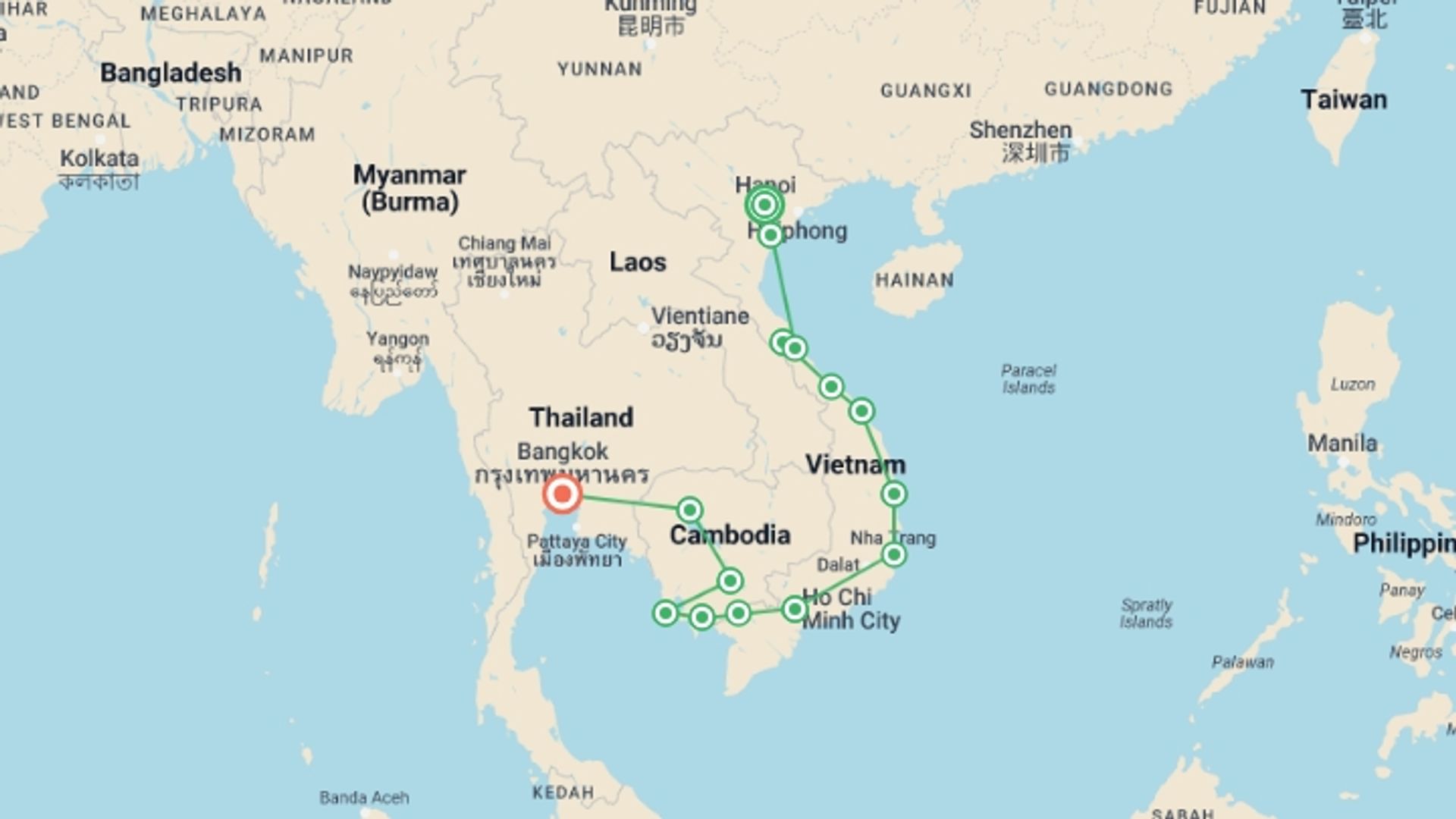 A map showing the tour itinerary for the trip: 27 Days in Southeast Asia: Cambodia, Vietnam & Big Nights in Bangkok, starting in Hanoi, Vietnam and ending in Bangkok, Thailand going through 12 other destinations.
