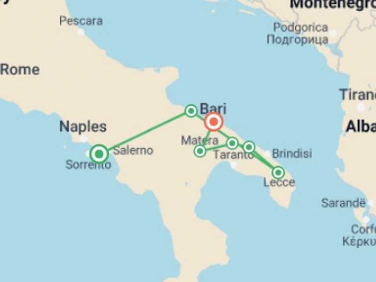Map itinerary of Italy Tour in August 2027 with 7 destination visits for the trip: Explore Southern Italy