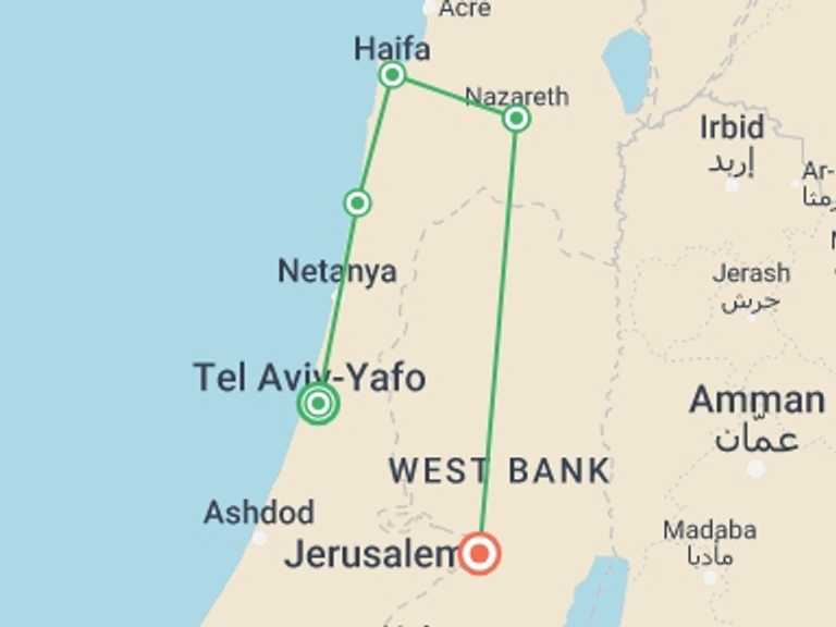 Map of Tel Aviv City sightseeing Tour with 3 destination visits for the trip: Discover Israel