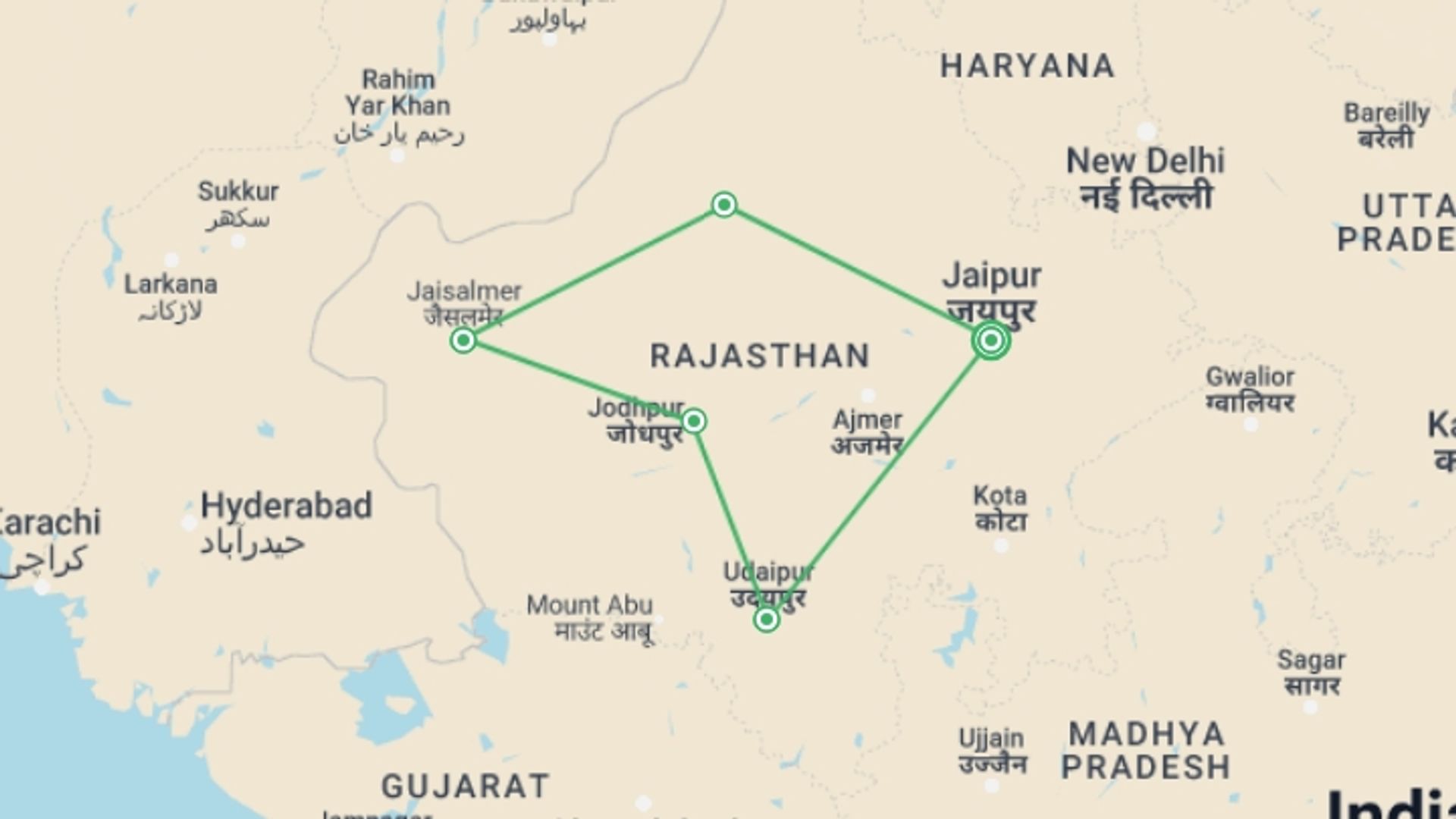 A map showing the tour itinerary for the trip: Exotic Rajasthan - Deserts and Lakes, starting in Jaipur, India and ending in Jaipur, India going through 4 other destinations.