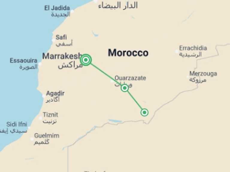 Map itinerary of Mediterranean Tour in Winter with 2 destination visits for the trip: Oasis & Desert, 4 Days, Private Tour