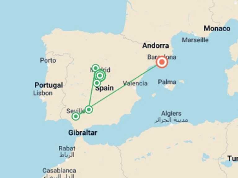 Map itinerary of Spain Tour in February 2026 with 7 destination visits for the trip: Highlights of Spain
