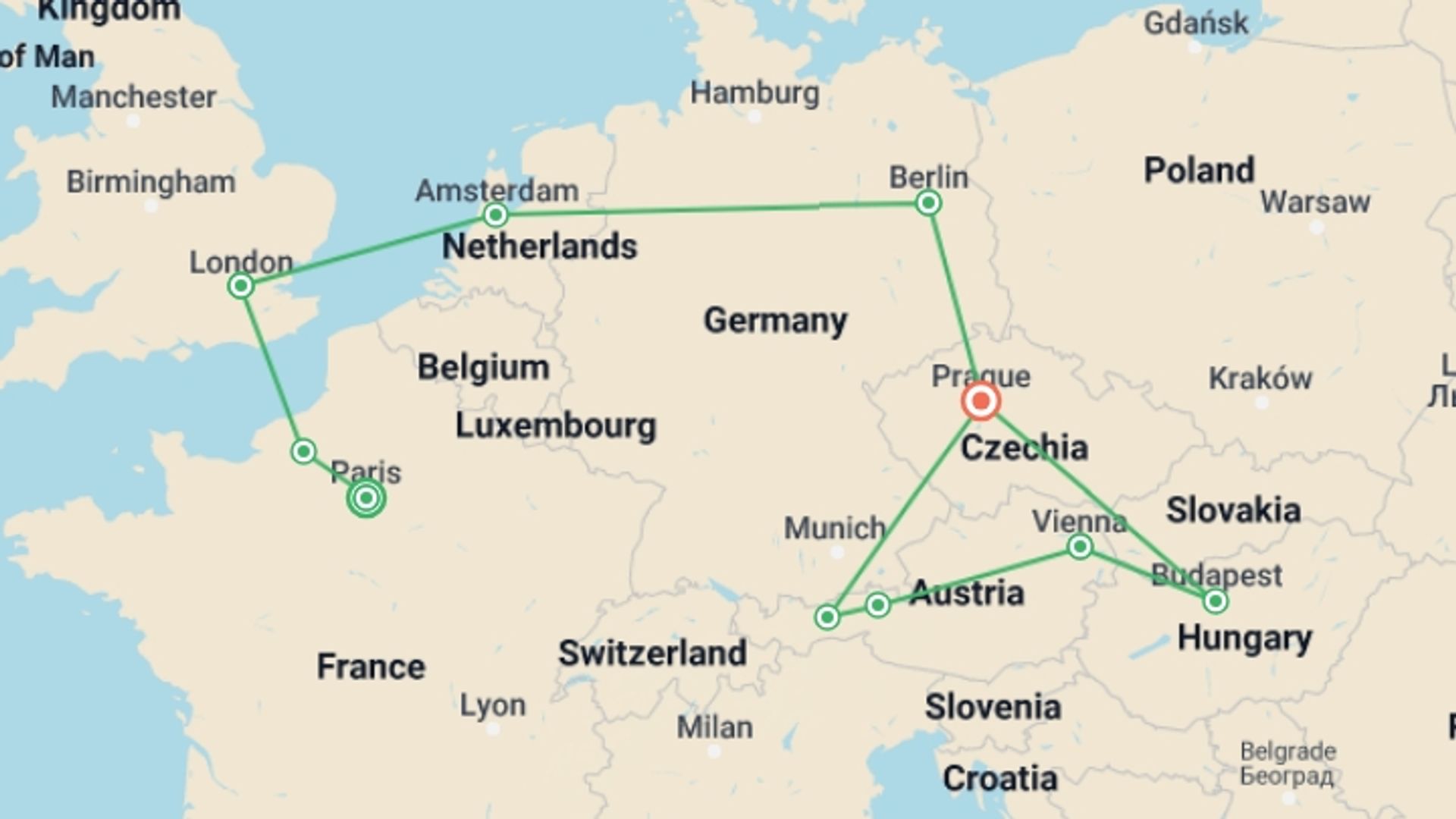 A map showing the tour itinerary for the trip: Best of European Capitals, starting in Paris, France and ending in Prague, Czech Republic going through 9 other destinations.