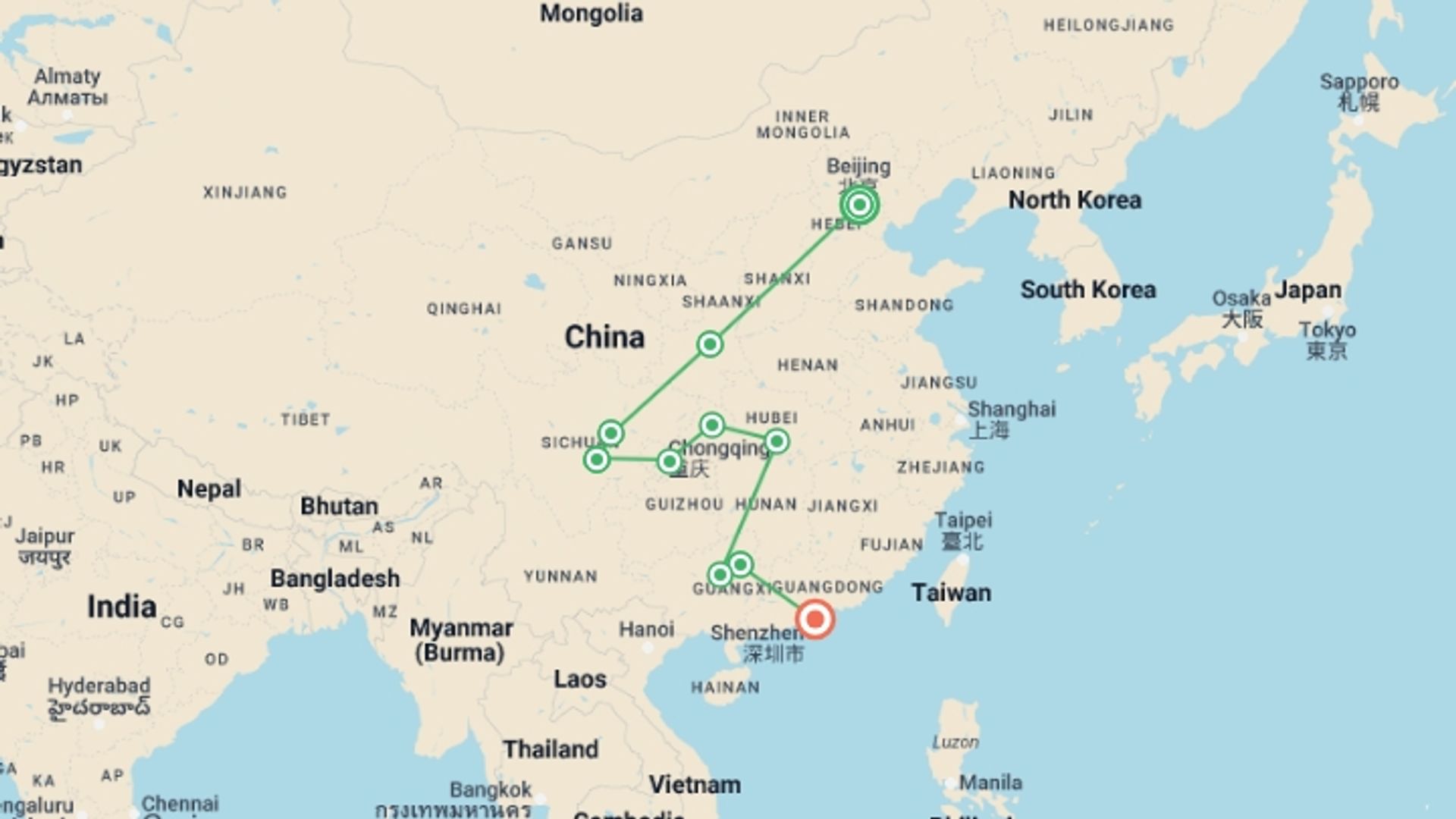 A map showing the tour itinerary for the trip: China Experience, starting in Beijing, China and ending in Hong Kong, Hong Kong going through 9 other destinations.