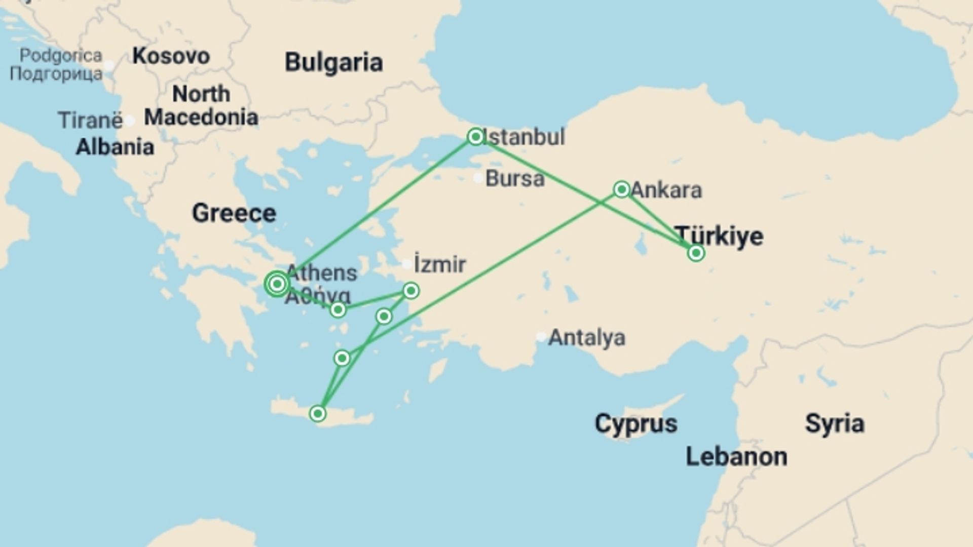 A map showing the tour itinerary for the trip: Classical Greece And Turkey With 3-day Cruise (small Group), starting in Athens, Greece and ending in Athens, Greece going through 6 other destinations.