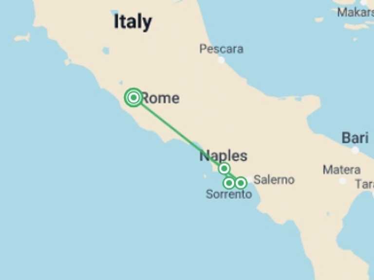Map of Naples Beach Tour with 5 destination visits for the trip: Treasures of Naples & the Amalfi Coast
