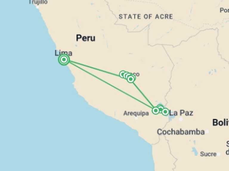 Map itinerary of Lima Tour in September 2025 with 7 destination visits for the trip: 10-Day Andean Highlights Machu Picchu & Puno