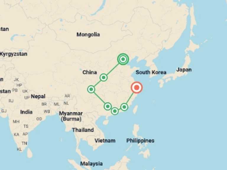 Map itinerary of China Tour in Winter with 7 destination visits for the trip: China: Big Cities & Iconic Culture