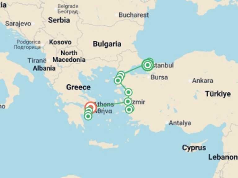 Map itinerary of Athens Tour in October 2026 with 5 destination visits for the trip: Turkey to Greece Express - 9 days
