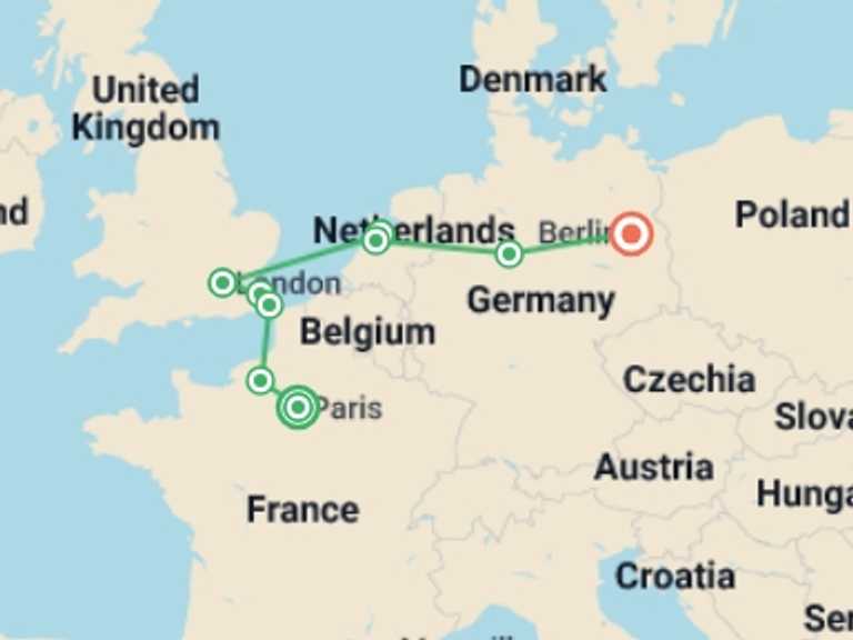 Map of Europe Tour with 6 destination visits for the trip: Paris and European Capitals