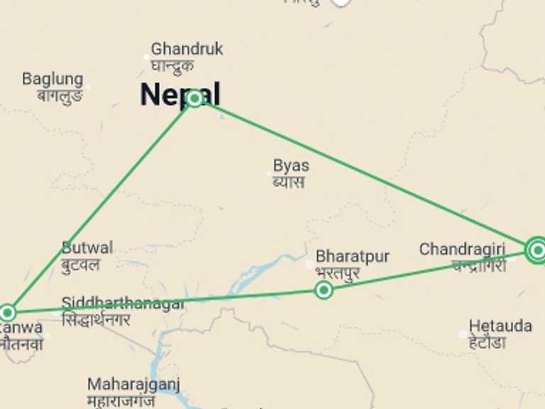 Map itinerary of Nepal Tour in Winter with 4 destination visits for the trip: Nepal Adventure 8D/7N (Private Transport)