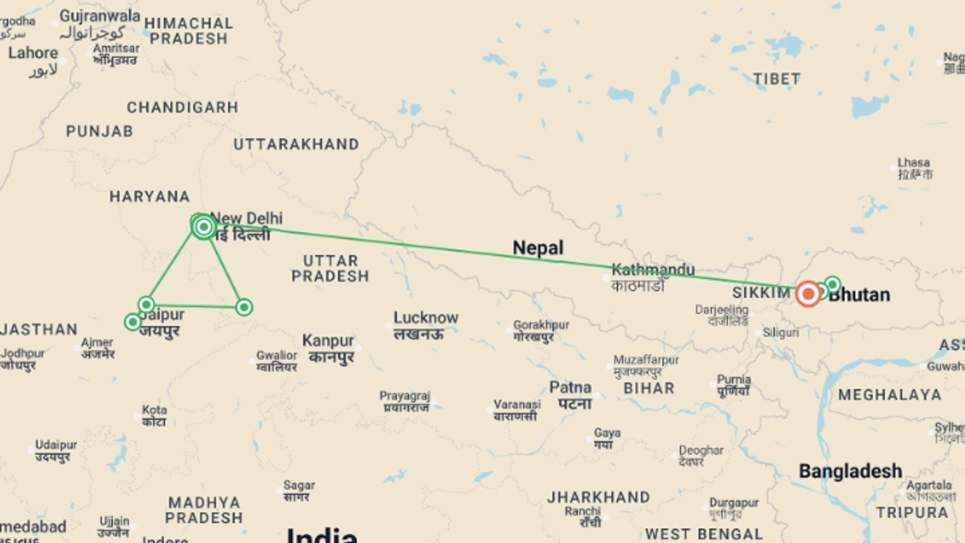 A map showing the tour itinerary for the trip: The Best of India & Bhutan, starting in New Delhi, India and ending in Paro, Bhutan going through 6 other destinations.