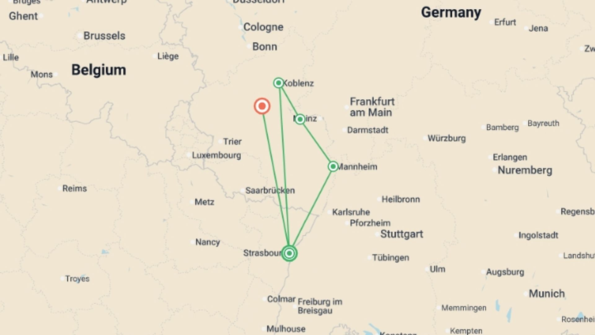 A map showing the tour itinerary for the trip: New Year in the Romantic Rhine valley (port-to-port cruise), starting in Strasbourg, France and ending in Rhineland-Palatinate & Saarland, Germany going through 3 other destinations.