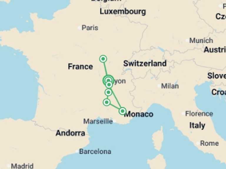 Map itinerary of Mediterranean Tour in March 2027 with 6 destination visits for the trip: From Burgundy to the Camargue along the Saône and the Rhône Rivers (port-to-port cruise)