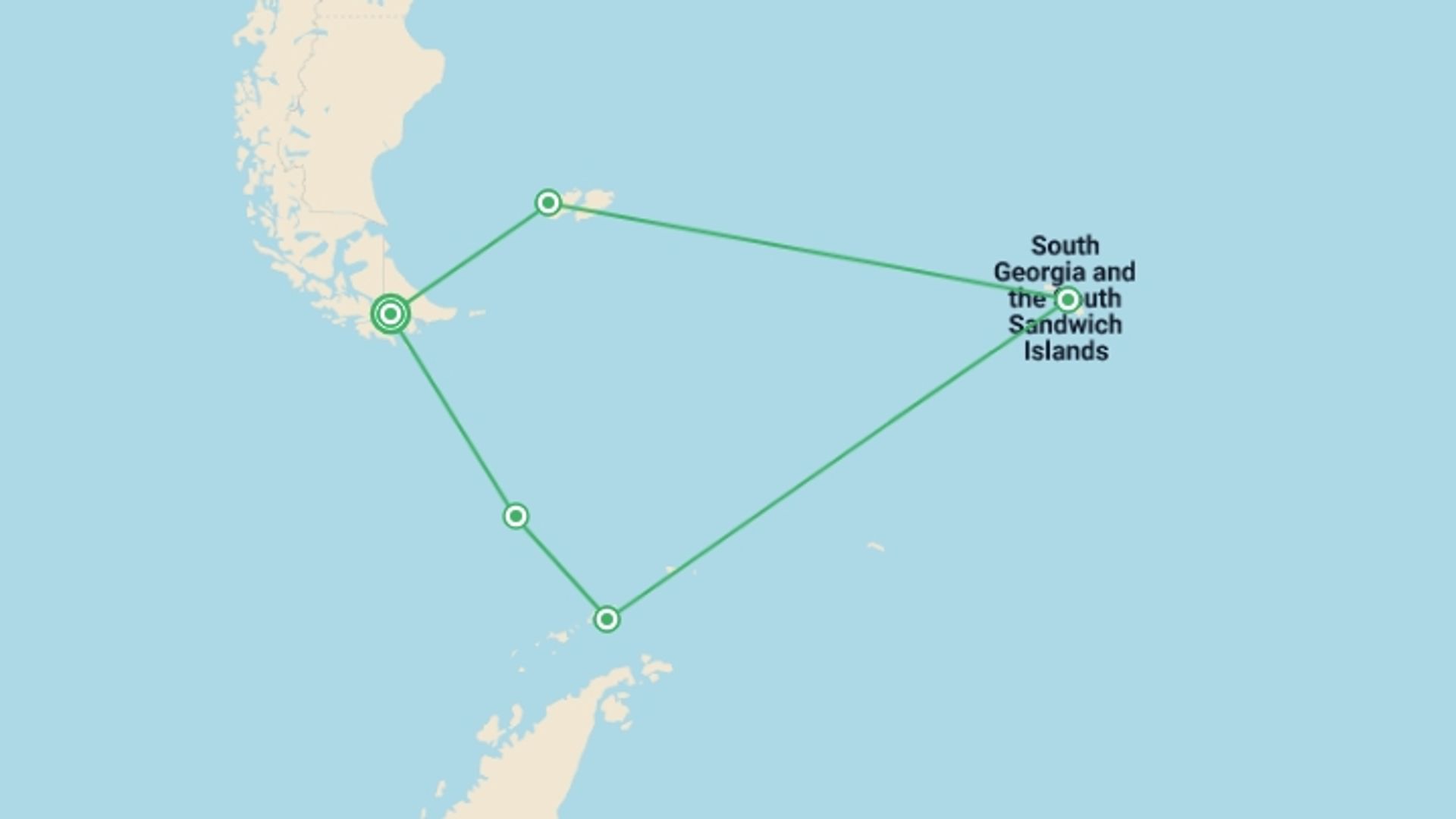 A map showing the tour itinerary for the trip: Penguins of the Far South: Falklands, South Georgia & Antarctica, starting in Ushuaia, Argentina and ending in Ushuaia, Argentina going through 4 other destinations.