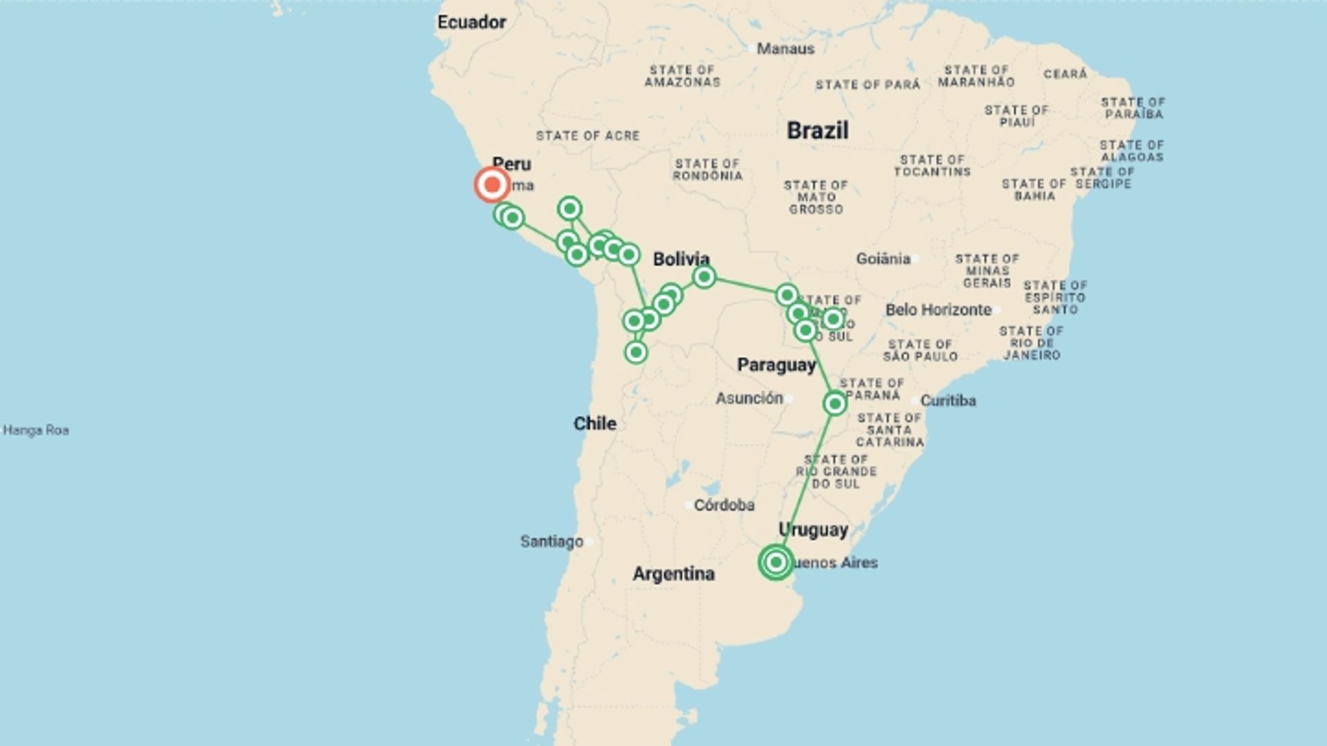 A map showing the tour itinerary for the trip: Buenos Aires to Lima (via Pantanal) Travel Pass, starting in Buenos Aires, Argentina and ending in Lima, Peru going through 21 other destinations.
