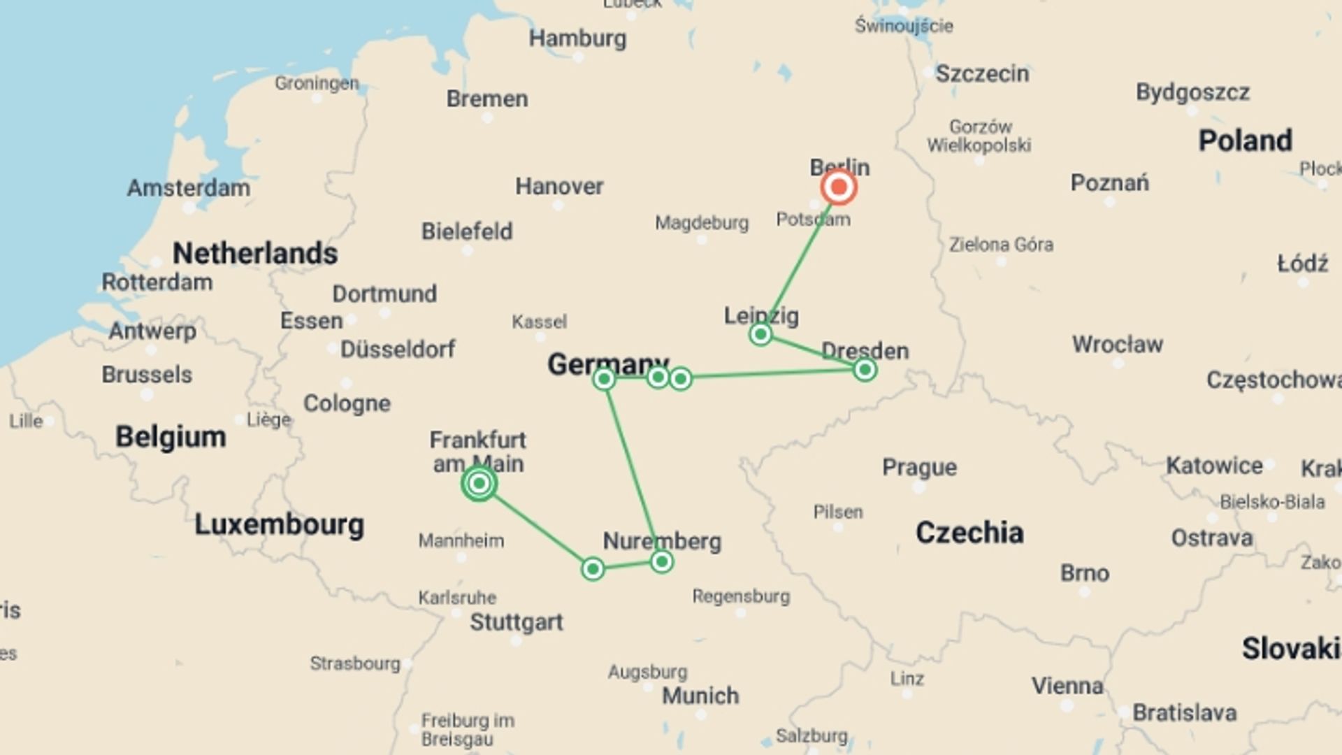 A map showing the tour itinerary for the trip: German Christmas Markets, starting in Frankfurt, Germany and ending in Berlin, Germany going through 3 other destinations.