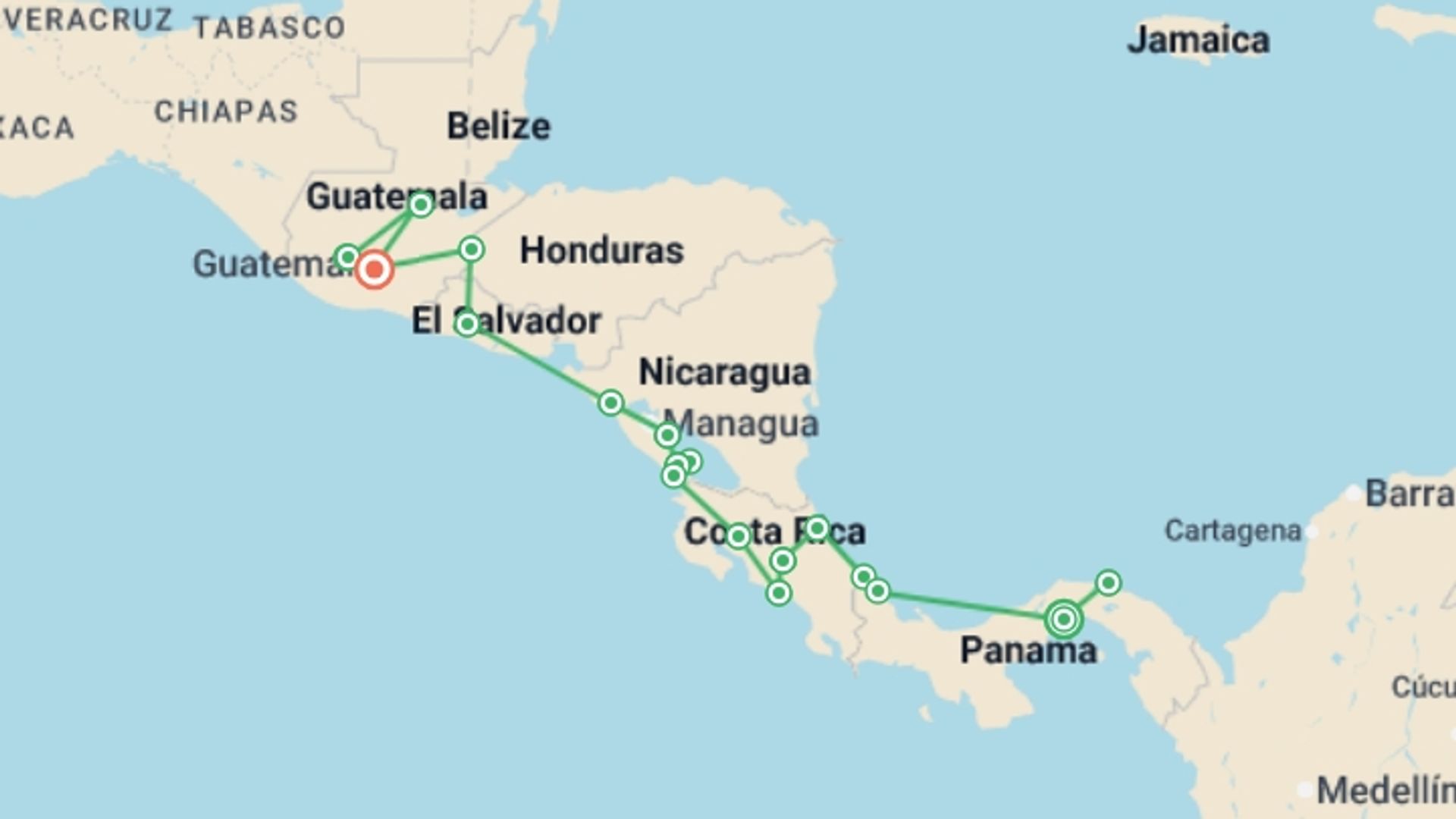A map showing the tour itinerary for the trip: Panama City to Antigua Travel Pass, starting in Panama City, Panama and ending in Antigua, Guatemala going through 17 other destinations.