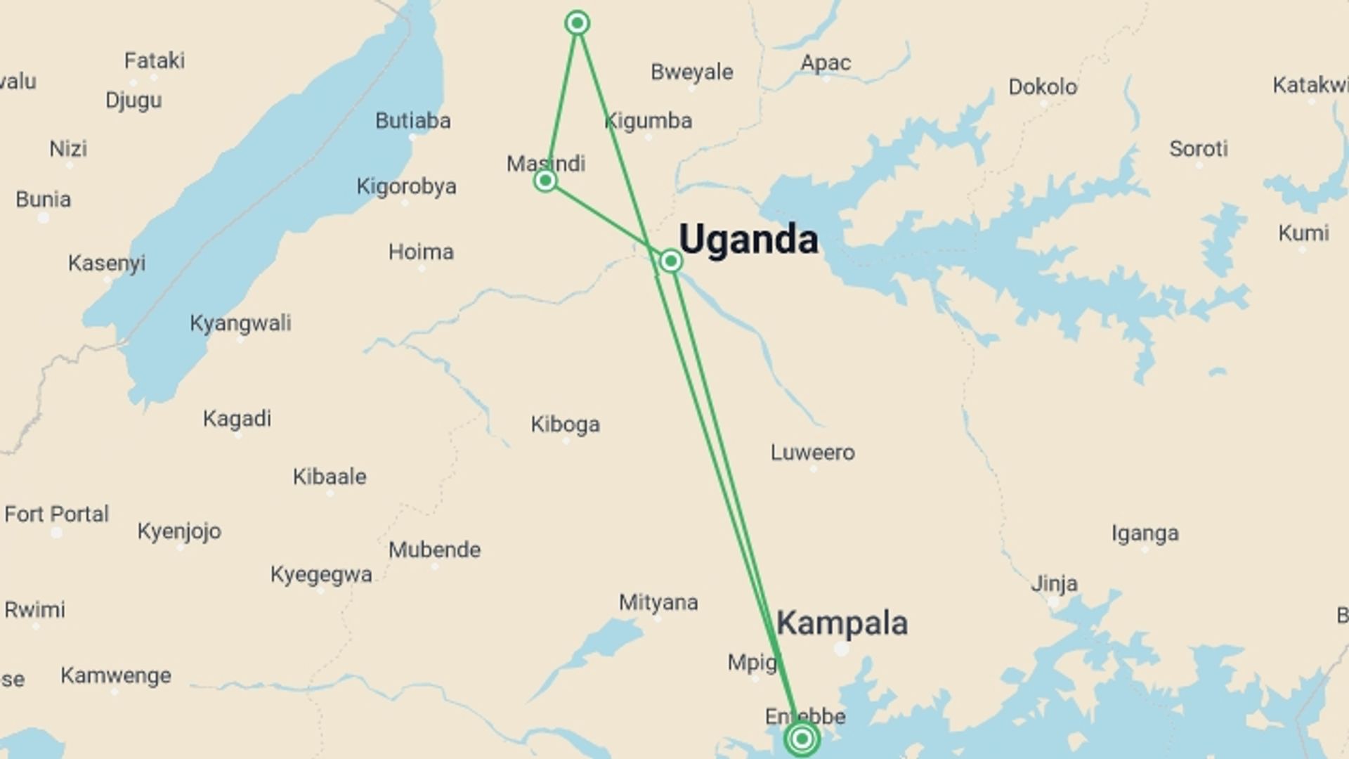 A map showing the tour itinerary for the trip: 6-day Uganda Wildlife Safari Tour , starting in Entebbe, Uganda and ending in Entebbe, Uganda going through 3 other destinations.