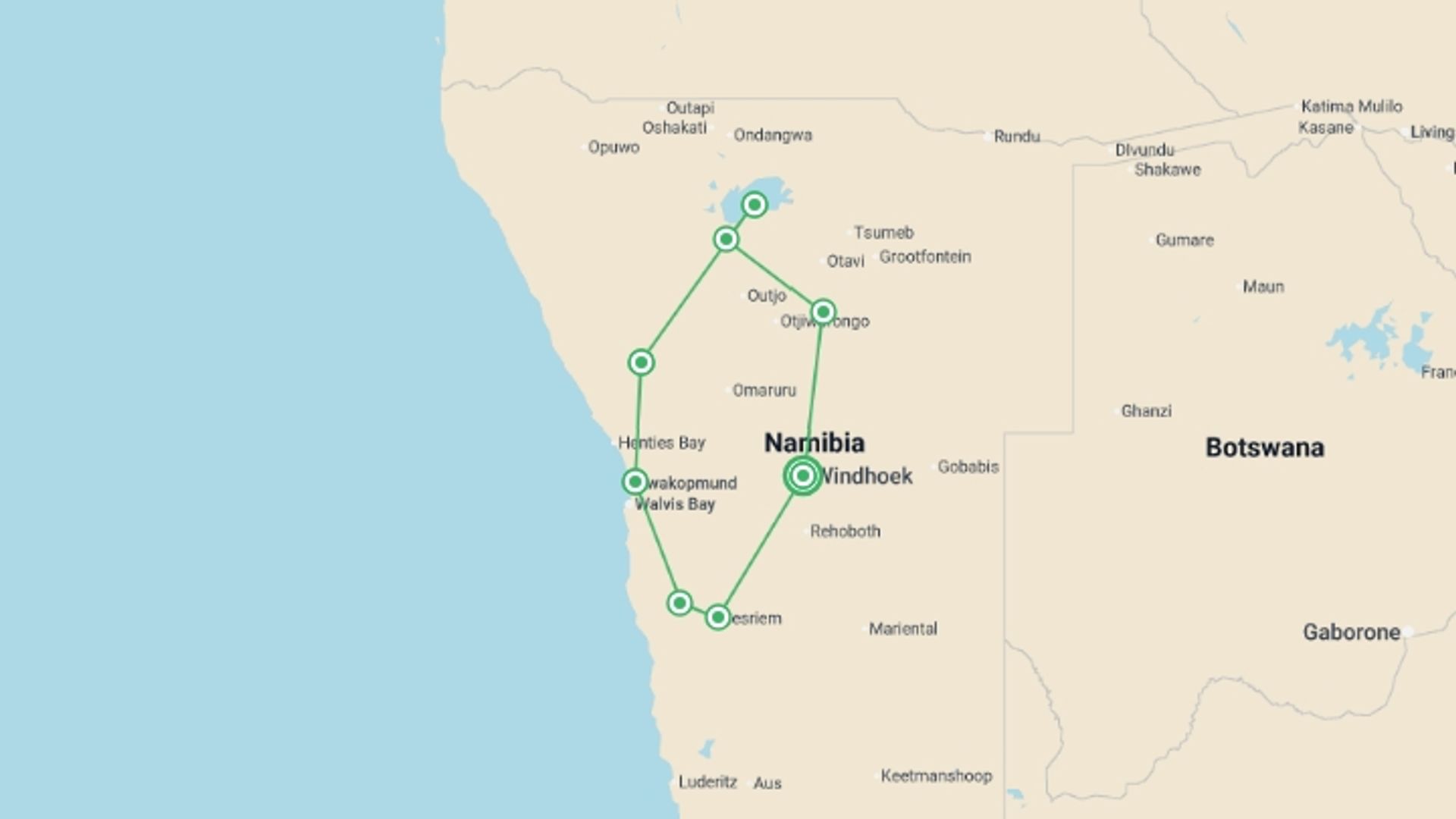A map showing the tour itinerary for the trip: Discover Namibia - Lodges, starting in Windhoek, Namibia and ending in Windhoek, Namibia going through 7 other destinations.